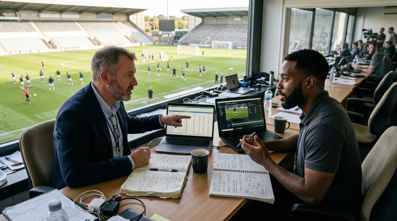 Two male scouts discussing player performance